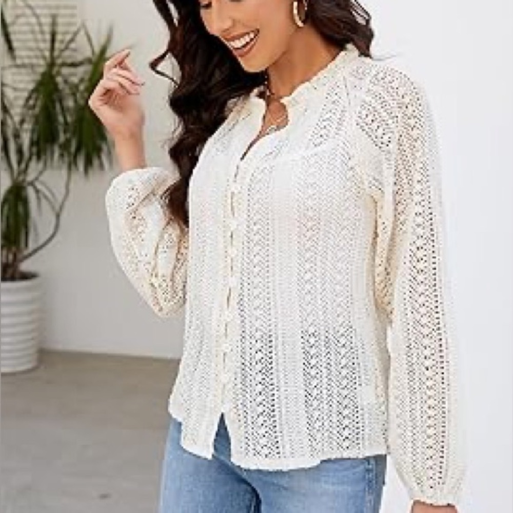 Hand-Knit Cream Lace Cardigan Boho Cottagecore Crochet Button Front Sweater